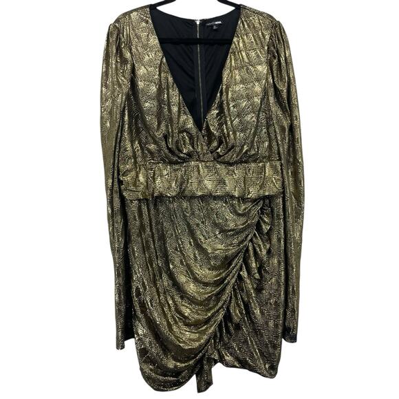 Fashion Nova Plus Size 3X Gold Metallic Mini Dress Ruched Long Sleeve V-Neck - Picture 1 of 5